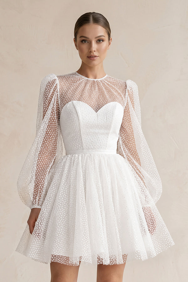 White Polk Dots Tulle A-Line Mini Wedding Dress With Sleeves (3) | KISSBRIDAL