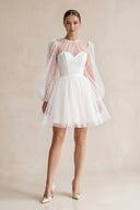 White Polk Dots Tulle A-Line Mini Wedding Dress With Sleeves | KISSBRIDAL