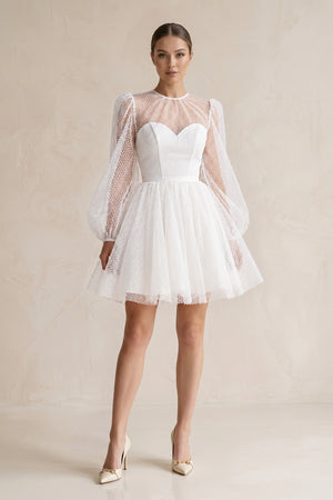 White Polk Dots Tulle A-Line Mini Wedding Dress With Sleeves | KISSBRIDAL