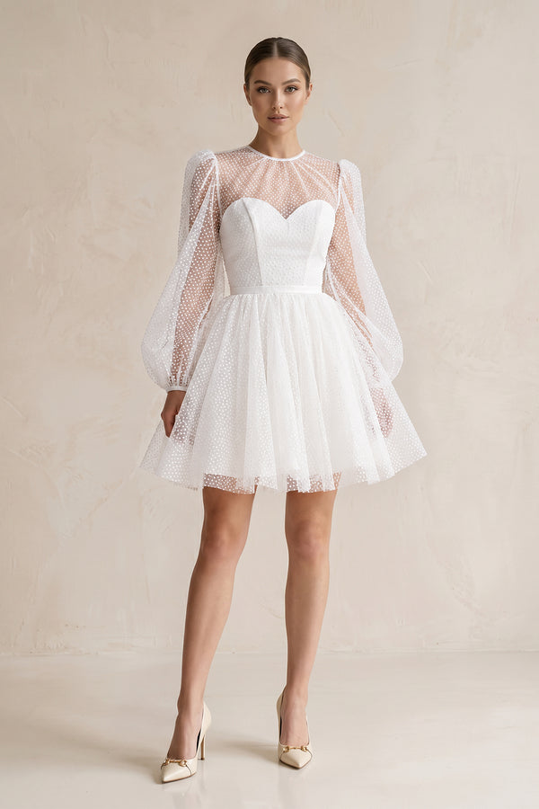 White Polk Dots Tulle A-Line Mini Wedding Dress With Sleeves | KISSBRIDAL