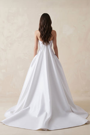 White Ruched Satin Strapless Ball Gown Wedding Dress (2) | KISSBRIDAL