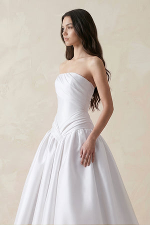 White Ruched Satin Strapless Ball Gown Wedding Dress (3) | KISSBRIDAL