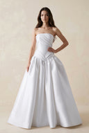 White Ruched Satin Strapless Ball Gown Wedding Dress | KISSBRIDAL