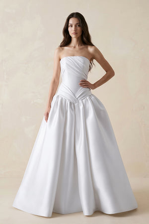White Ruched Satin Strapless Ball Gown Wedding Dress | KISSBRIDAL