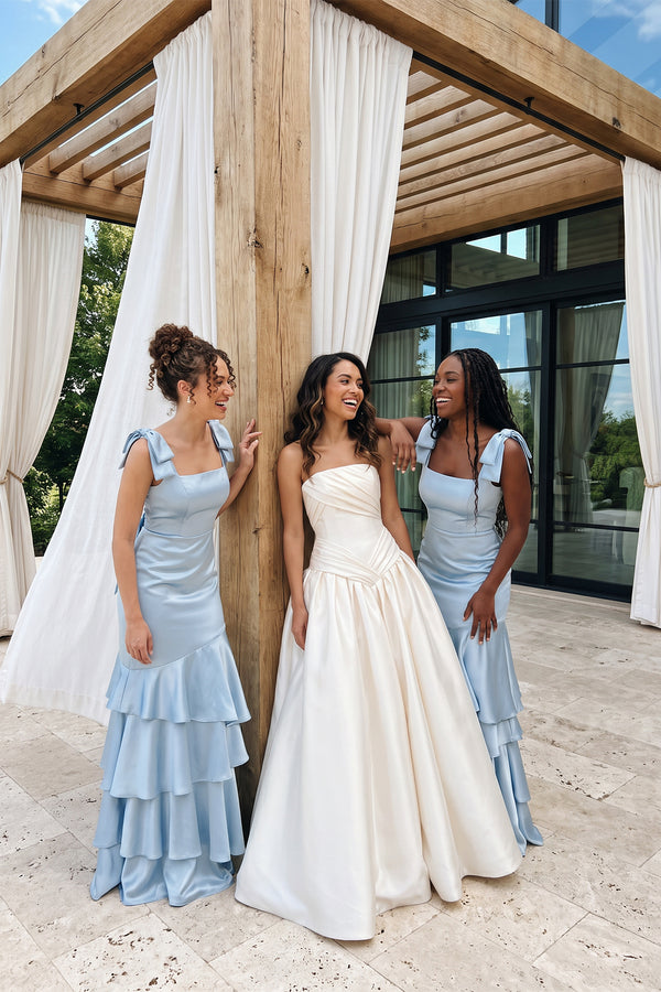 White Ruched Satin Strapless Ball Gown Wedding Dress | KISSBRIDAL