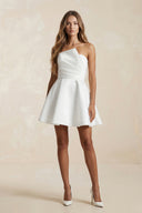 White Ruched Strapless A-Line Satin Mini Wedding Dress | KISSBRIDAL