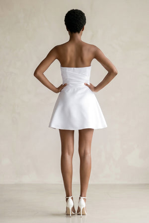 White Ruched Strapless Satin Mini Wedding Dress (2) | KISSBRIDAL