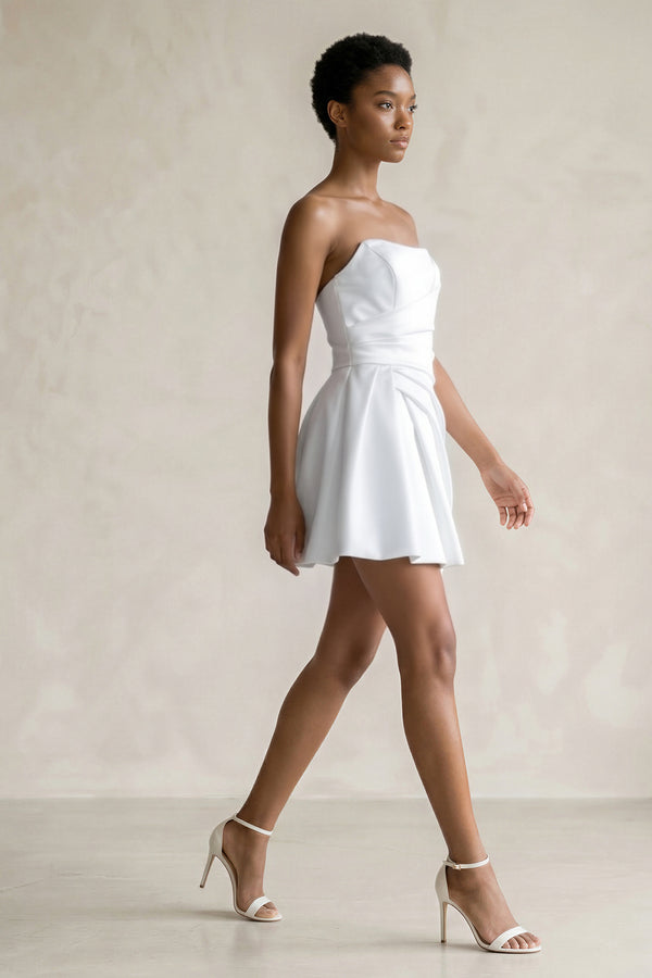 White Ruched Strapless Satin Mini Wedding Dress (3) | KISSBRIDAL