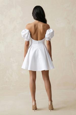 White Satin Lace Off-the-Shoulder A-Line Wedding Dress (2) | KISSBRIDAL
