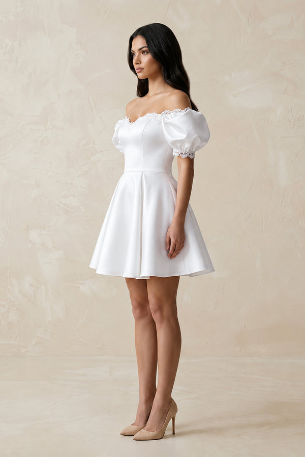 White Satin Lace Off-the-Shoulder A-Line Wedding Dress (3) | KISSBRIDAL