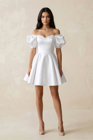 White Satin Lace Off-the-Shoulder A-Line Wedding Dress | KISSBRIDAL