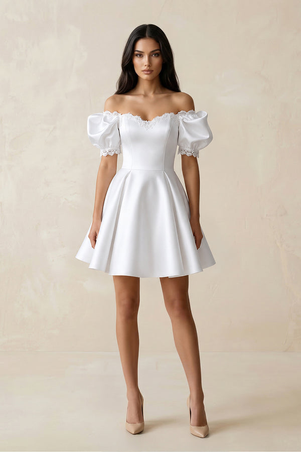 White Satin Lace Off-the-Shoulder A-Line Wedding Dress | KISSBRIDAL