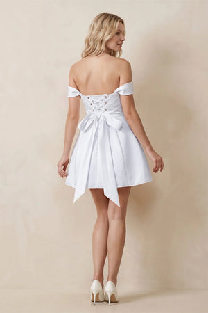 White Satin Off-the-Shoulder A-Line Mini Wedding Dress (2) | KISSBRIDAL