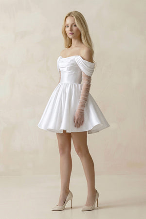 White Satin Off-the-Shoulder A-Line Ruched Wedding Dress With Sleeves (3) | KISSBRIDAL