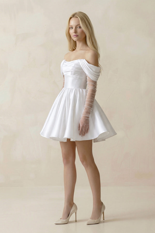 White Satin Off-the-Shoulder A-Line Ruched Wedding Dress With Sleeves (3) | KISSBRIDAL