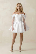 White Satin Off-the-Shoulder A-Line Ruched Wedding Dress With Sleeves | KISSBRIDAL