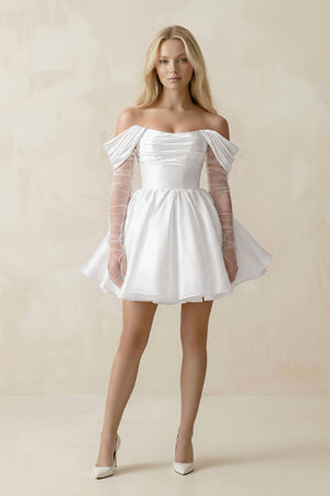 White Satin Off-the-Shoulder A-Line Ruched Wedding Dress With Sleeves | KISSBRIDAL