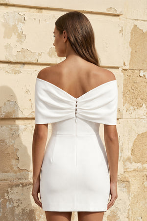 White Sheath Off The Shoulder Satin Wedding Dress With Bow (4) | KISSBRIDAL