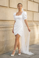 White Sheath Short Sleeves Satin Wedding Dress | KISSBRIDAL