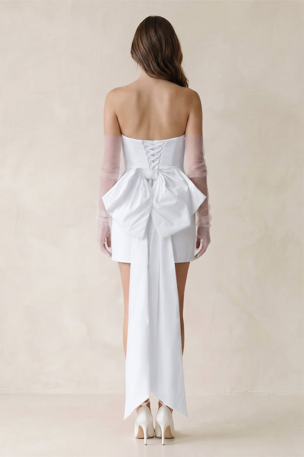 White Sheath Strapless Satin Detachable Sleeves Mini Wedding Dress With Bow (3) | KISSBRIDAL