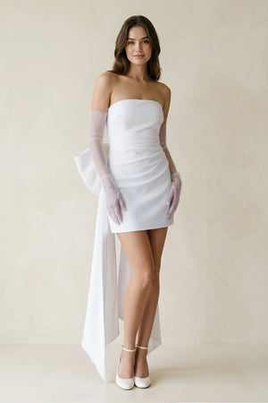 White Sheath Strapless Satin Detachable Sleeves Mini Wedding Dress With Bow | KISSBRIDAL