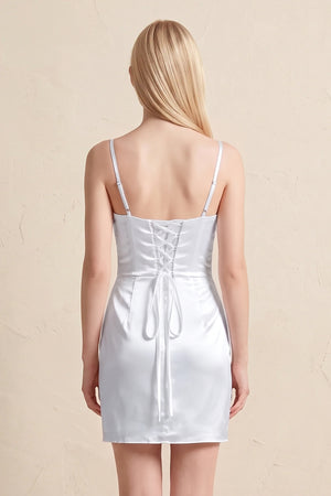 White Spaghetti Straps Satin Ruched Wedding Dress (5) | KISSBRIDAL