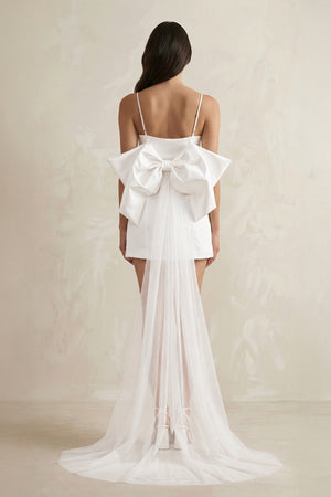 White Spaghetti Straps Sheath Bow Wedding Dress With Tulle Train (2) | KISSBRIDAL
