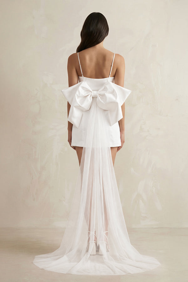 White Spaghetti Straps Sheath Bow Wedding Dress With Tulle Train (2) | KISSBRIDAL