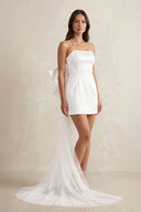 White Spaghetti Straps Sheath Bow Wedding Dress With Tulle Train | KISSBRIDAL