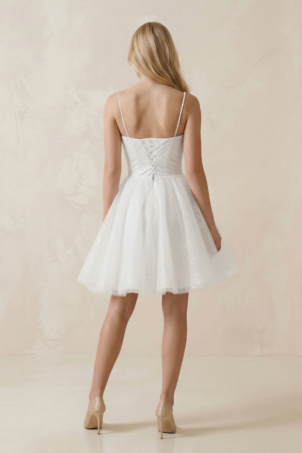 White Spaghetti Straps Tulle A-Line Mini Wedding Dress (2) | KISSBRIDAL