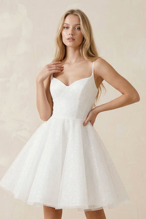 White Spaghetti Straps Tulle A-Line Mini Wedding Dress (3) | KISSBRIDAL
