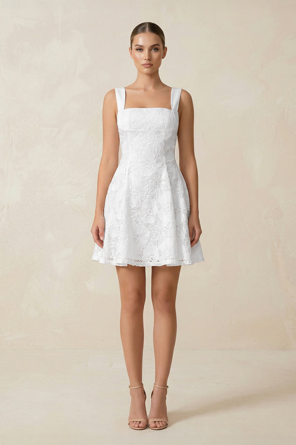White Square Neck A-Line Lace Mini Wedding Dress | KISSBRIDAL