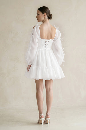White Square Neck Ruffled A-Line Long Sleeves Tulle Wedding Dress (2) | KISSBRIDAL