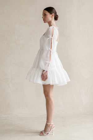 White Square Neck Ruffled A-Line Long Sleeves Tulle Wedding Dress (3) | KISSBRIDAL