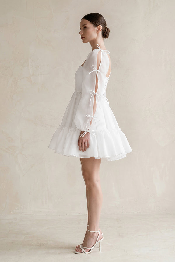 White Square Neck Ruffled A-Line Long Sleeves Tulle Wedding Dress (3) | KISSBRIDAL
