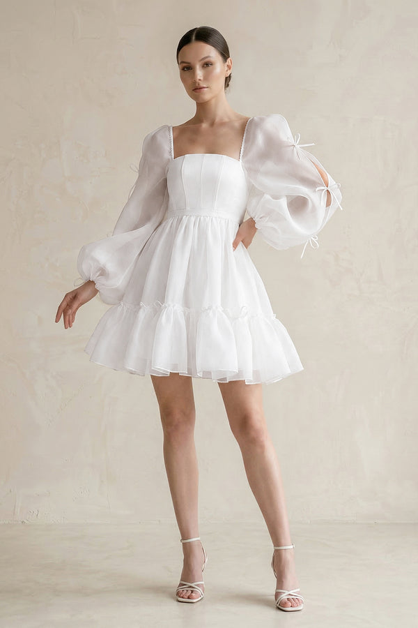 White Square Neck Ruffled A-Line Long Sleeves Tulle Wedding Dress | KISSBRIDAL