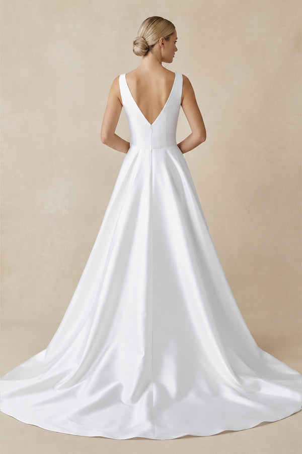White Square Neck Satin A-Line Ruched Wedding Dress (2) | KISSBRIDAL