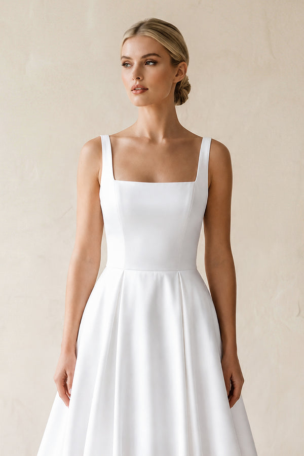 White Square Neck Satin A-Line Ruched Wedding Dress (3) | KISSBRIDAL