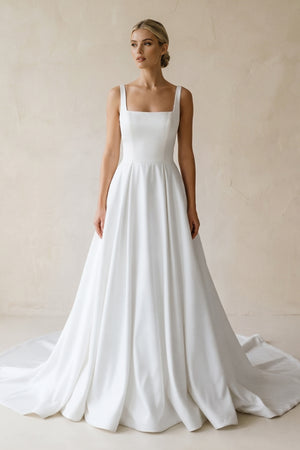 White Square Neck Satin A-Line Ruched Wedding Dress | KISSBRIDAL