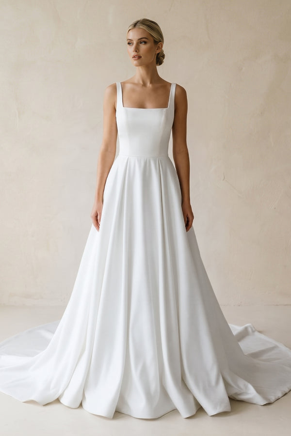 White Square Neck Satin A-Line Ruched Wedding Dress | KISSBRIDAL