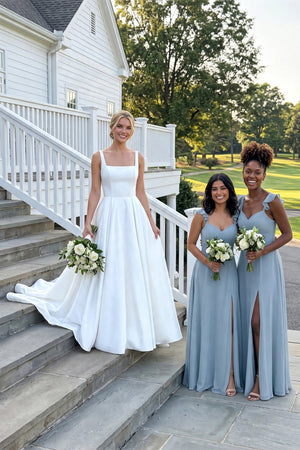 White Square Neck Satin A-Line Ruched Wedding Dress | KISSBRIDAL