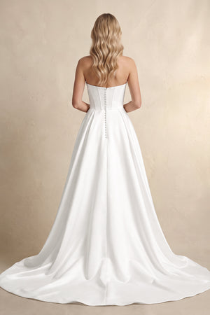 White Strapless A Line Satin Wedding Dress With Slit (2) | KISSBRIDAL