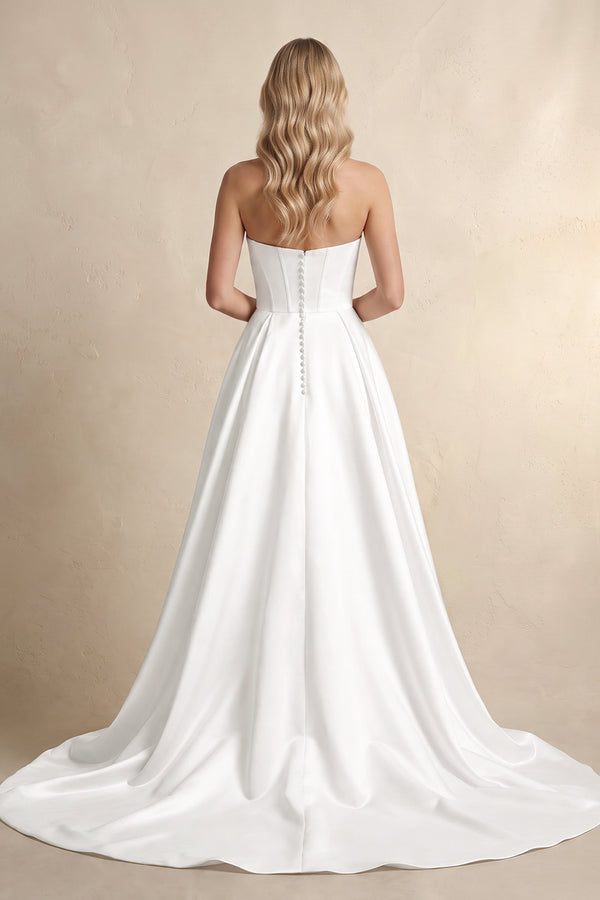 White Strapless A Line Satin Wedding Dress With Slit (2) | KISSBRIDAL