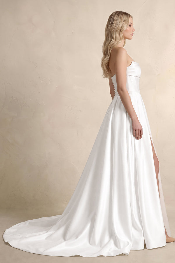 White Strapless A Line Satin Wedding Dress With Slit (3) | KISSBRIDAL