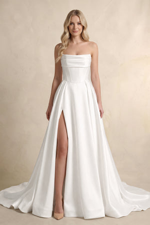 White Strapless A Line Satin Wedding Dress With Slit | KISSBRIDAL
