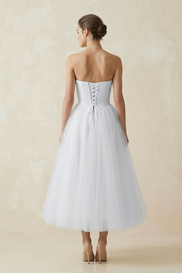 White Strapless A Line Tulle Midi Wedding Dress (2) | KISSBRIDAL