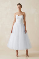 White Strapless A Line Tulle Midi Wedding Dress | KISSBRIDAL