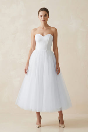 White Strapless A Line Tulle Midi Wedding Dress | KISSBRIDAL