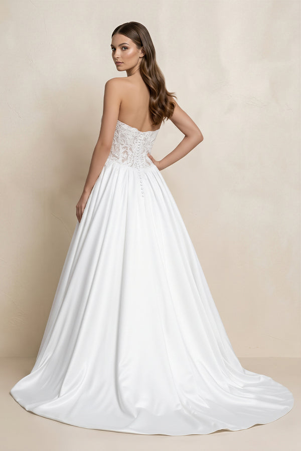 White Strapless Lace Satin Corset Ball Gown Wedding Dress (2) | KISSBRIDAL