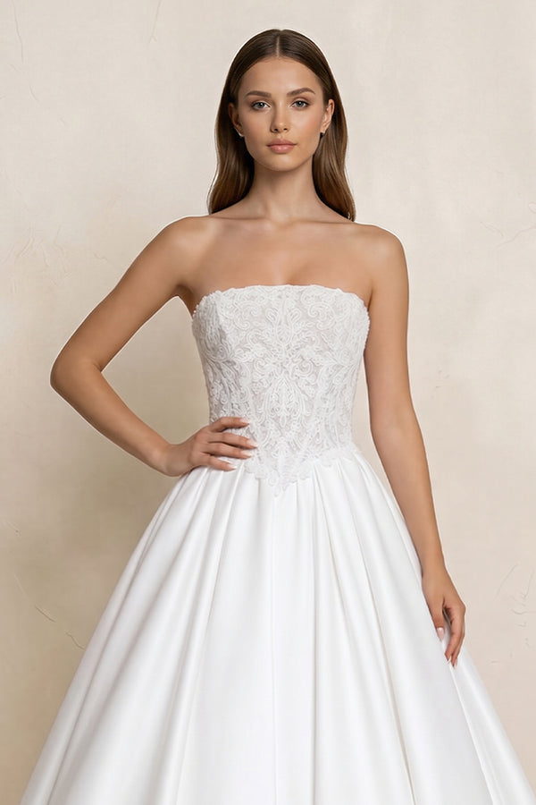 White Strapless Lace Satin Corset Ball Gown Wedding Dress (3) | KISSBRIDAL